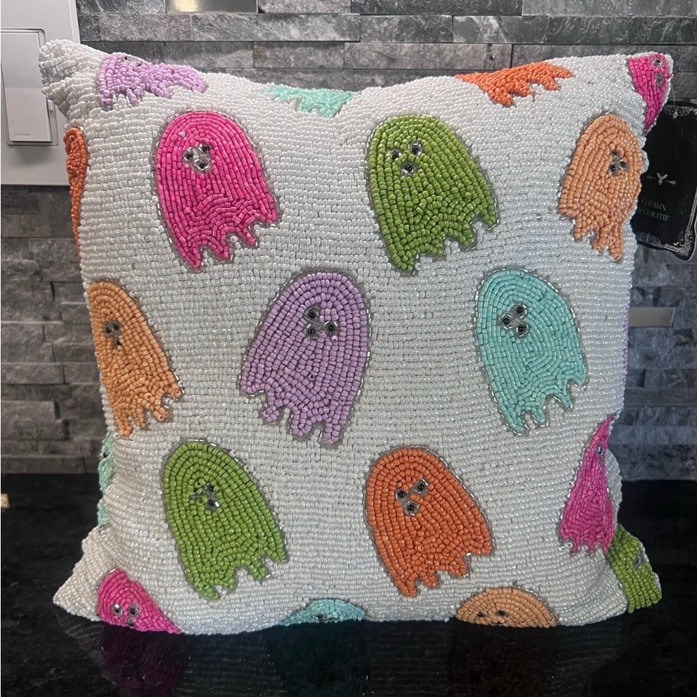 Colorful Beaded Ghost Holiday Pillow